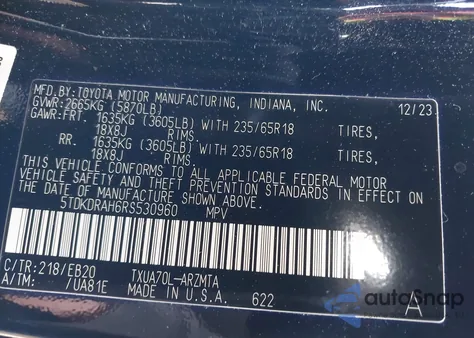 2024 Toyota Highlander Xle z USA, uszkodzony, nr VIN 5TDKDRAH6RS530960